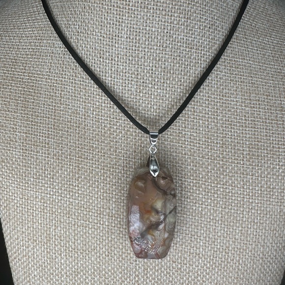 Crazy Lace Agate Laughter Stone Pendant Necklace on Black Satin Rope - Picture 7 of 14